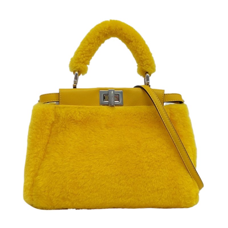 FENDI Peekaboo迷你黃色皮草單肩包斜挎包手提包銀色五金可拆卸肩帶-0
