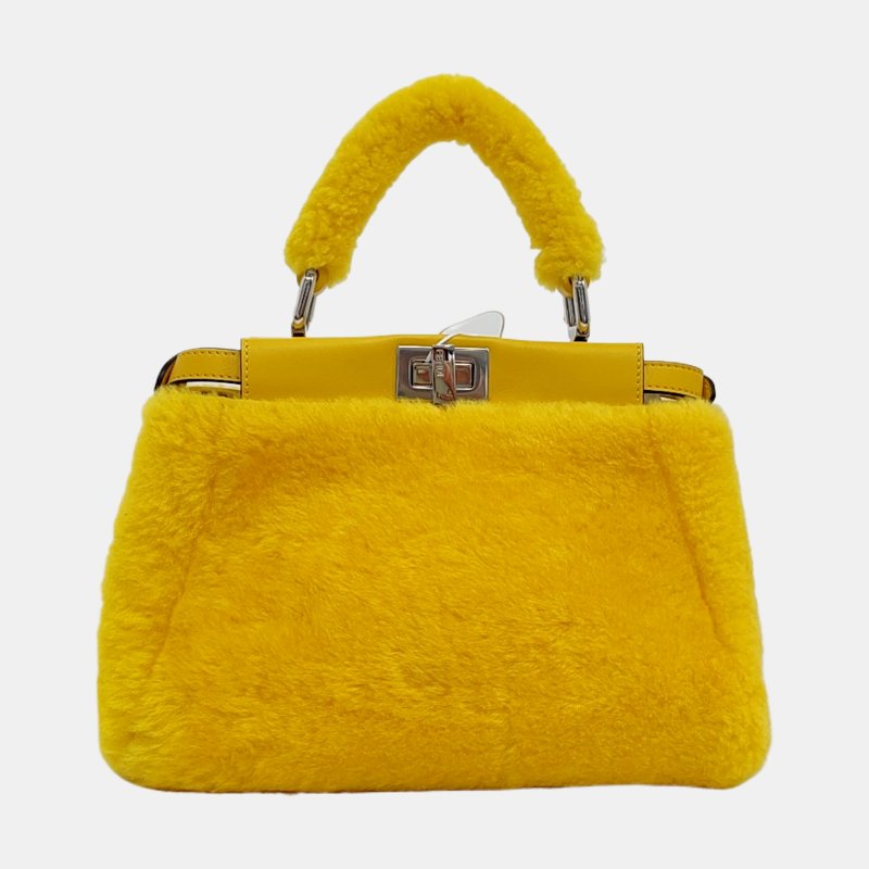 FENDI Peekaboo迷你黃色皮草單肩包斜挎包手提包銀色五金可拆卸肩帶-4