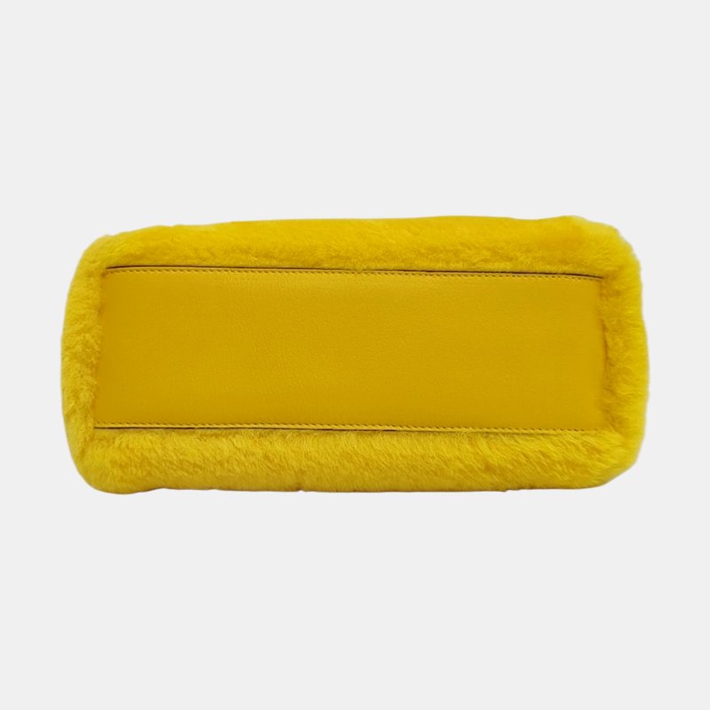 FENDI Peekaboo迷你黃色皮草單肩包斜挎包手提包銀色五金可拆卸肩帶-5