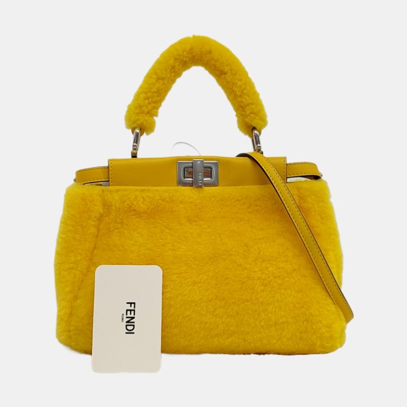 FENDI Peekaboo迷你黃色皮草單肩包斜挎包手提包銀色五金可拆卸肩帶-7