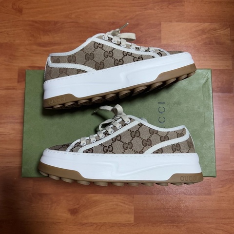 Gucci正品古馳厚底鞋 低幫滿印時尚板鞋 女款 棕白 37碼