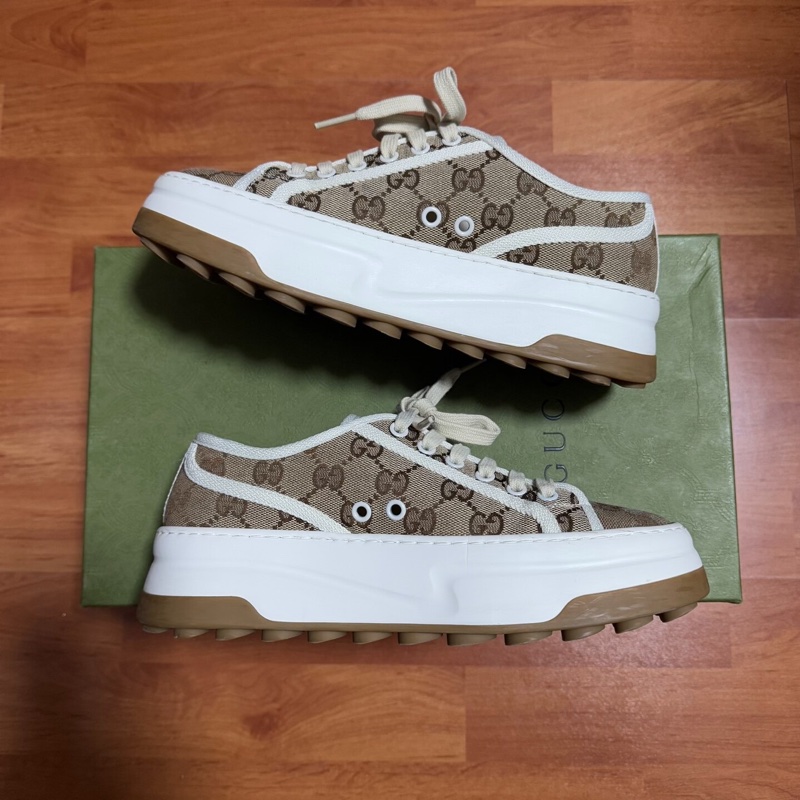 Gucci正品古馳厚底鞋 低幫滿印時尚板鞋 女款 棕白 37碼-1