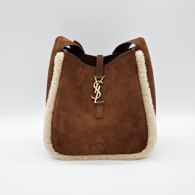 Saint Laurent 聖羅蘭 Le 5 à 7麂皮拼接 自然米色 羊羔毛小型 單肩包-3