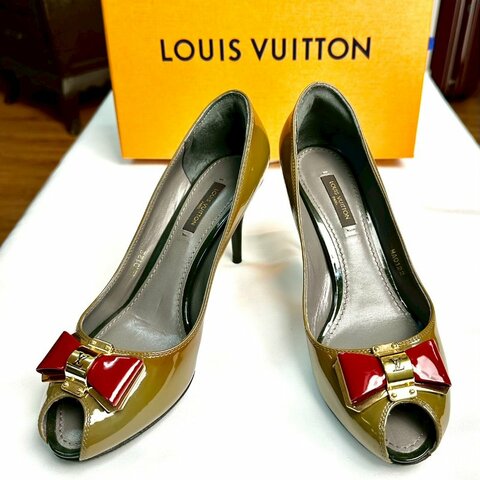 Louis Vuitton 綠色酒紅蝴蝶結亮面漆皮魚口高跟鞋 鞋碼37.5