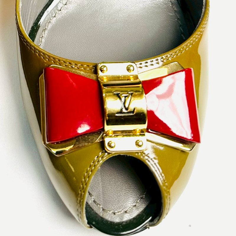 Louis Vuitton 綠色酒紅蝴蝶結亮面漆皮魚口高跟鞋 鞋碼37.5-1