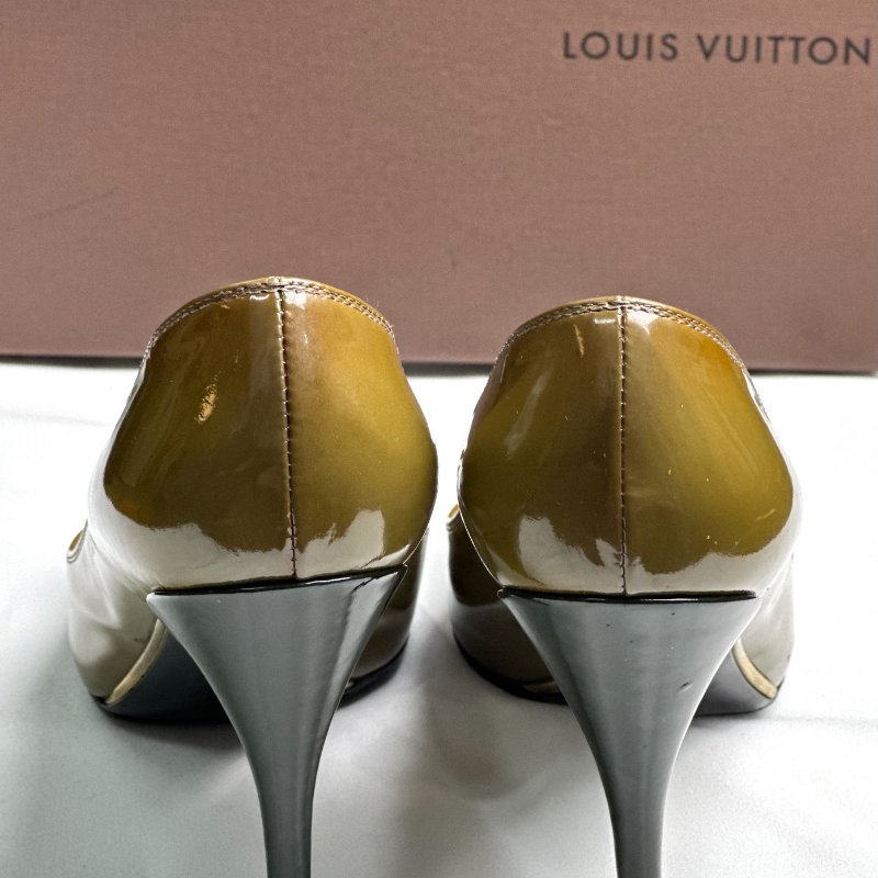 Louis Vuitton 綠色酒紅蝴蝶結亮面漆皮魚口高跟鞋 鞋碼37.5-3