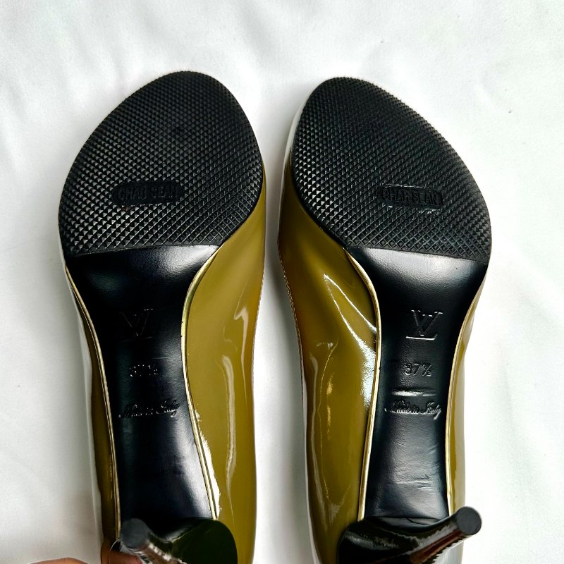 Louis Vuitton 綠色酒紅蝴蝶結亮面漆皮魚口高跟鞋 鞋碼37.5-4