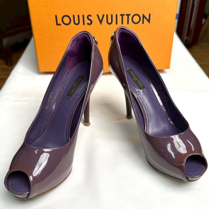 Louis Vuitton 紫色經典漆皮露趾高跟鞋 鞋碼37.5-5