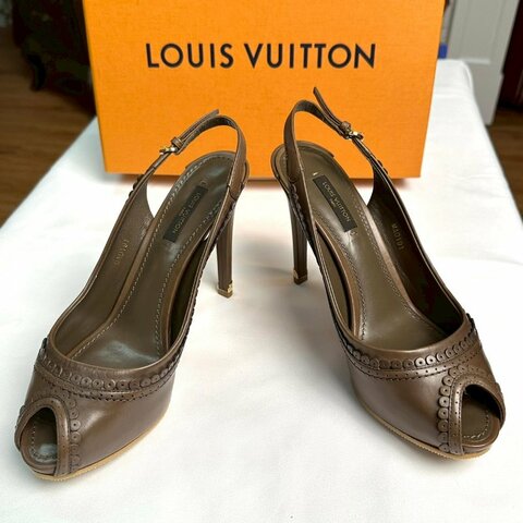 Louis Vuitton 經典焦糖棕露趾高跟鞋 鞋碼37.5