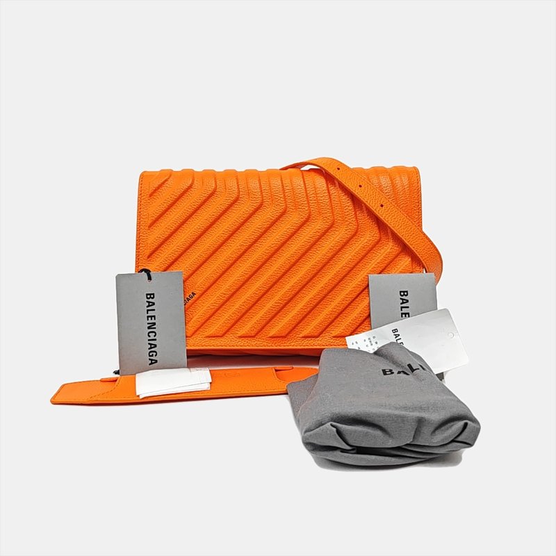 BALENCIAGA橙色牛皮壓紋單肩包斜挎包銀色五金可拆卸肩帶-7