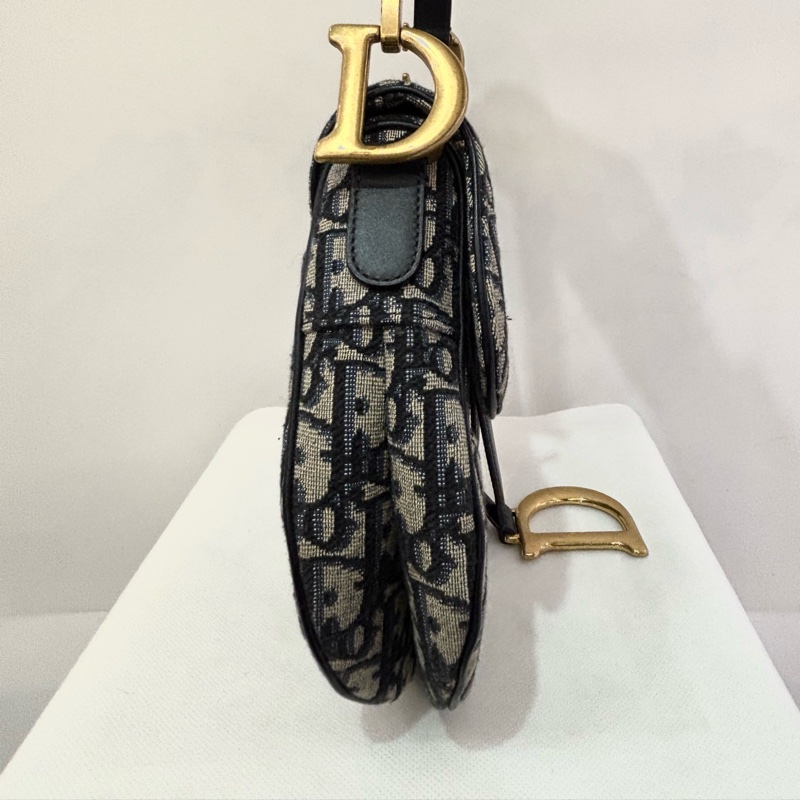 DIOR深藍色刺繡老花馬鞍包-大-2