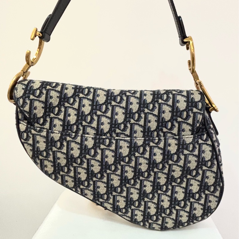 DIOR深藍色刺繡老花馬鞍包-大-5