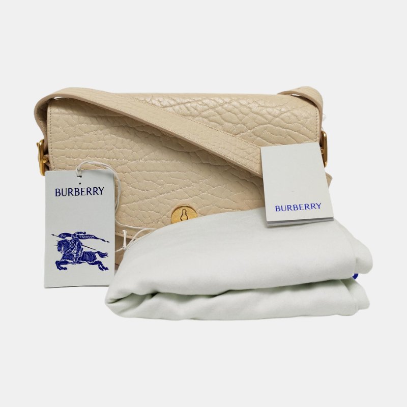 BURBERRY Chess白色牛皮壓紋單肩包金色五金-7