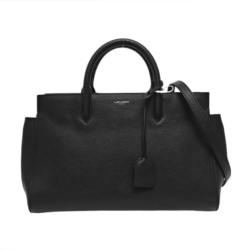 YSL CABAS RIVE GAUCHE黑色牛皮壓紋單肩包手提包斜挎包銀色五金可拆卸肩帶 9.8新-0