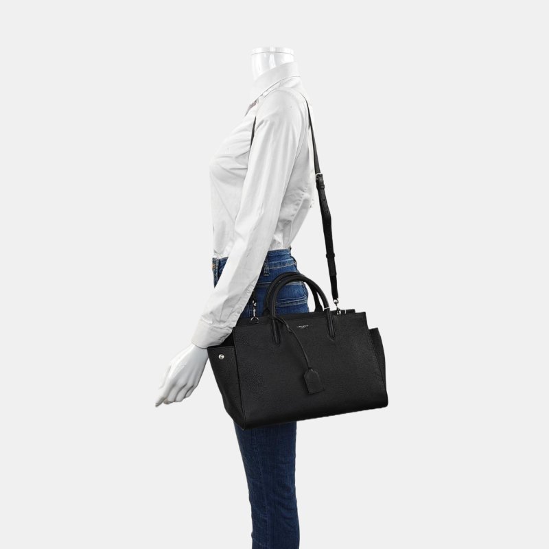 YSL CABAS RIVE GAUCHE黑色牛皮壓紋單肩包手提包斜挎包銀色五金可拆卸肩帶 9.8新-1