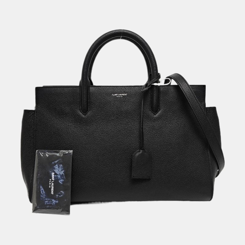 YSL CABAS RIVE GAUCHE黑色牛皮壓紋單肩包手提包斜挎包銀色五金可拆卸肩帶 9.8新-7