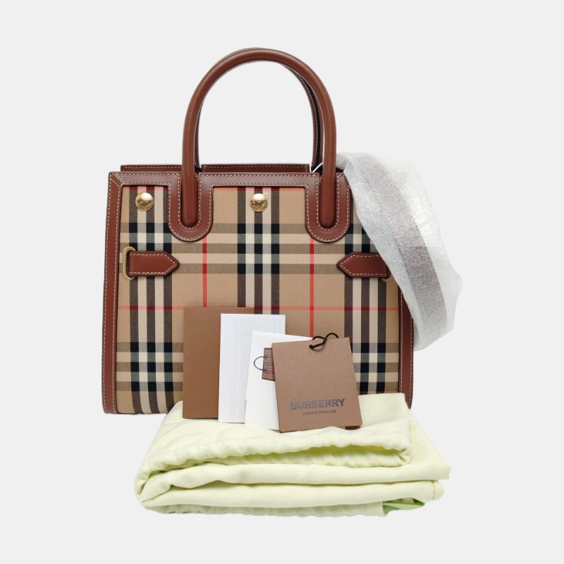 BURBERRY Title迷你卡其色帆布鉚釘單肩包金色五金可拆卸肩帶-7