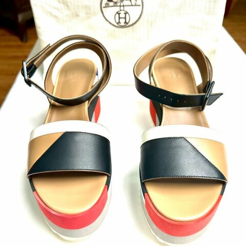 Hermès 多彩織帶厚底坡跟涼鞋