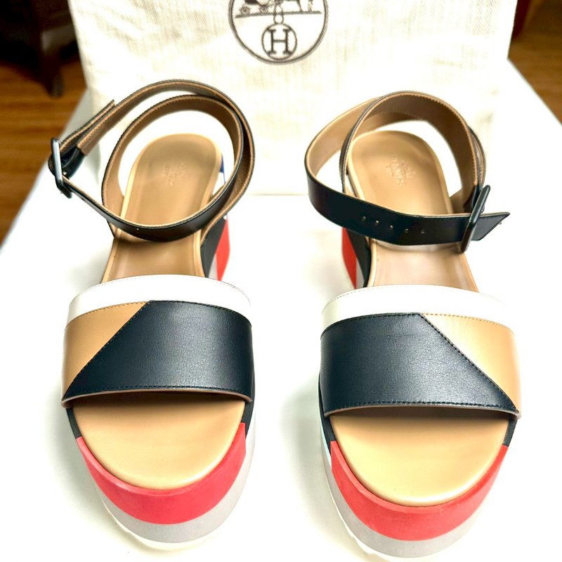 Hermès 多彩織帶厚底坡跟涼鞋-0