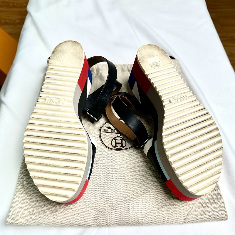 Hermès 多彩織帶厚底坡跟涼鞋-5