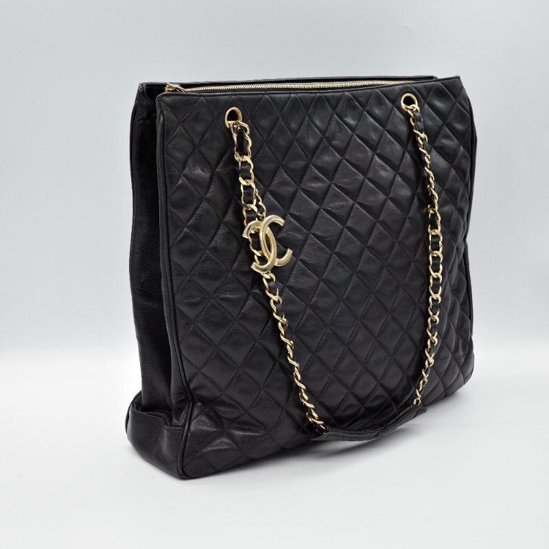 Chanel香奈兒 黑色菱格紋縫線 羊皮 肩背包 托特包-2