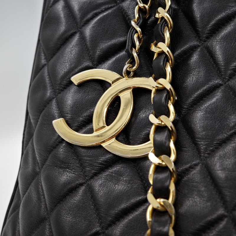 Chanel香奈兒 黑色菱格紋縫線 羊皮 肩背包 托特包-5