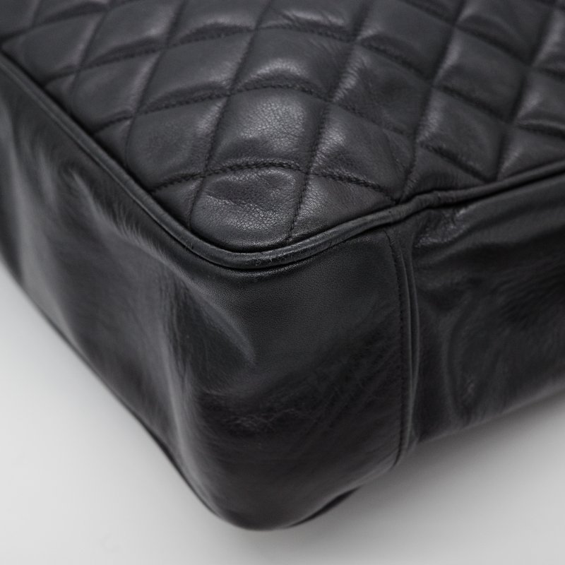 Chanel香奈兒 黑色菱格紋縫線 羊皮 肩背包 托特包-10