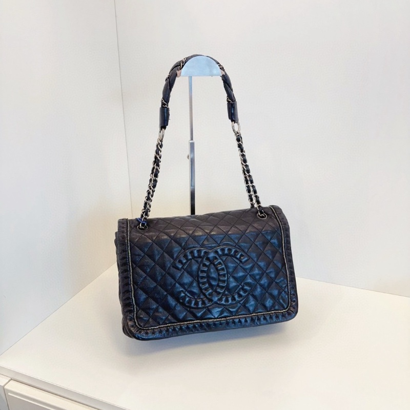 Chanel 黑銀菱格大雙C翻蓋肩背包牛皮32*20*9  98新配件塵袋-2