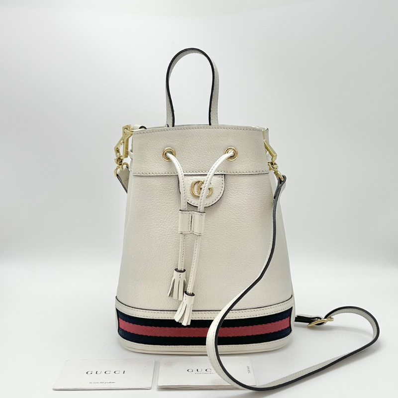 GUCCI白色拼條紋金扣抽繩水桶包20*25*9.5 98新配件塵袋-1