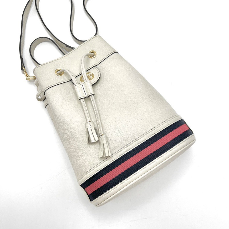 GUCCI白色拼條紋金扣抽繩水桶包20*25*9.5 98新配件塵袋-2