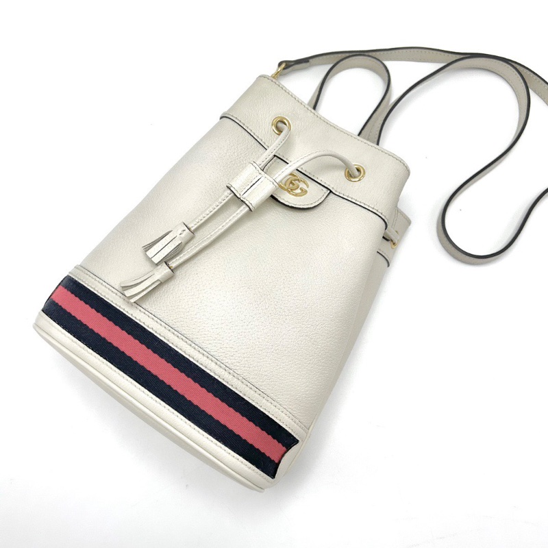 GUCCI白色拼條紋金扣抽繩水桶包20*25*9.5 98新配件塵袋-4