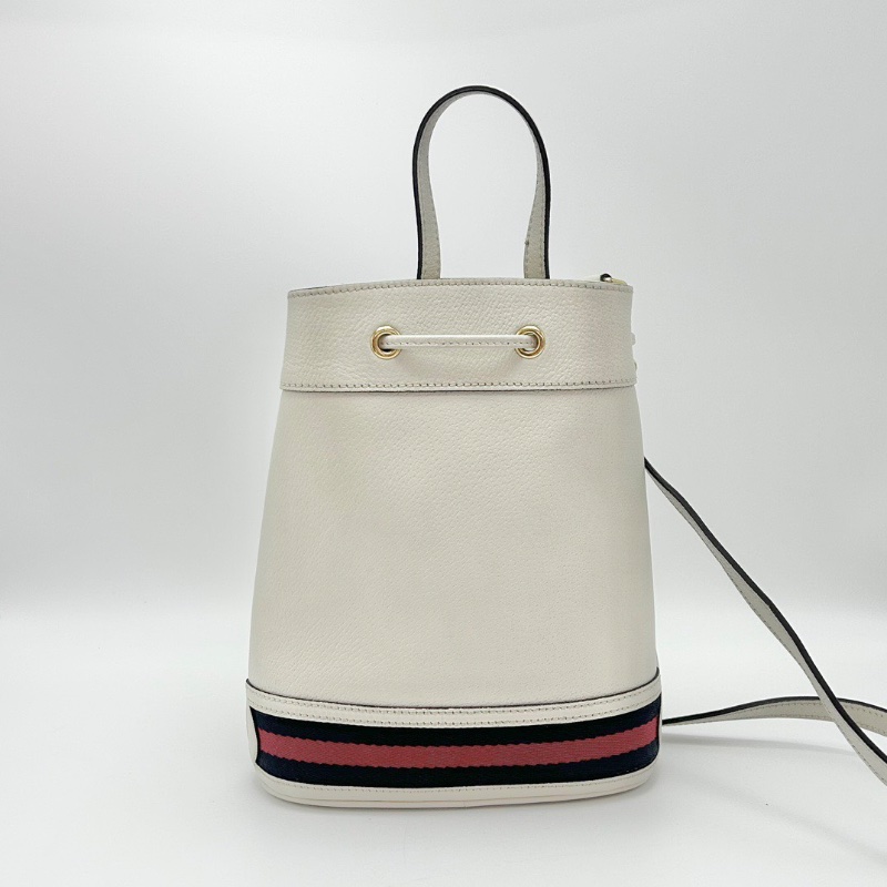 GUCCI白色拼條紋金扣抽繩水桶包20*25*9.5 98新配件塵袋-5
