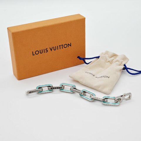 Louis Vuitton路易威登Monogram Links 銀色金屬拼接藍色琺瑯鏈帶 手鍊