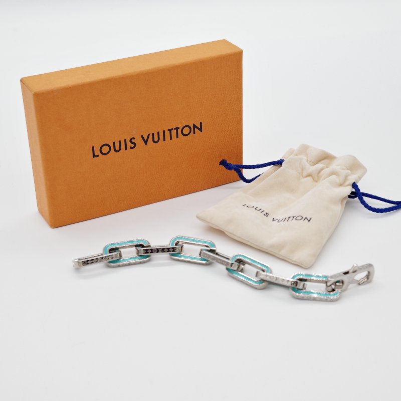 Louis Vuitton路易威登Monogram Links 銀色金屬拼接藍色琺瑯鏈帶 手鍊-0
