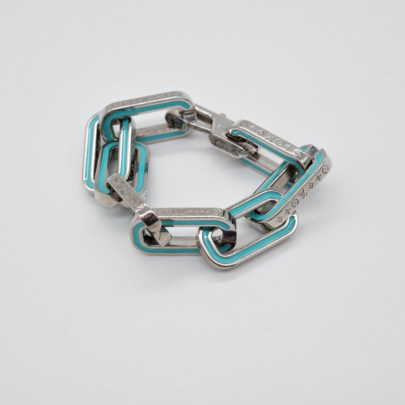 Louis Vuitton路易威登Monogram Links 銀色金屬拼接藍色琺瑯鏈帶 手鍊-4