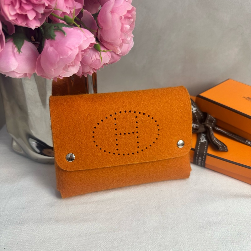 HERMES 中古Etui Cartes GM 橘色毛氈撲克牌套 多功能收納盒-0