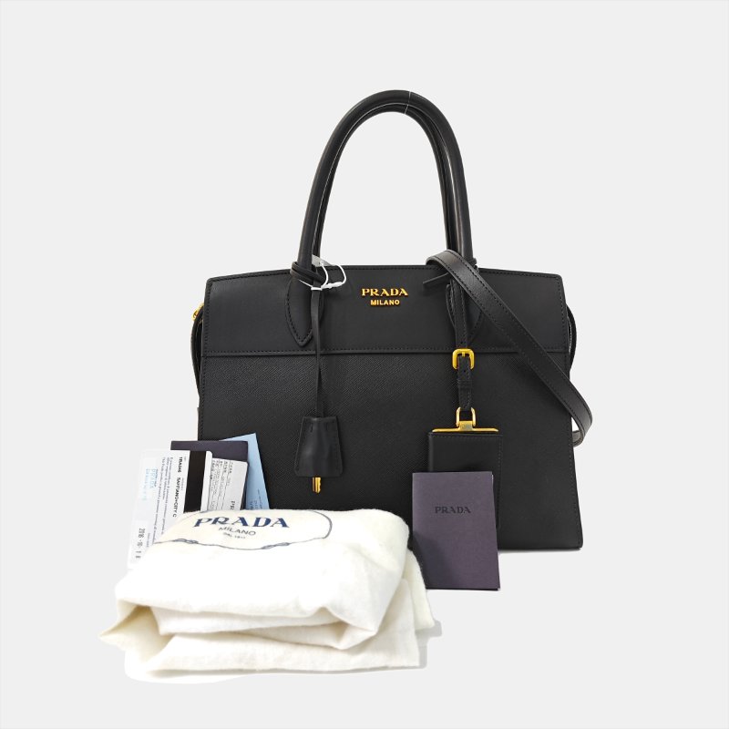 PRADA Esplanade黑色牛皮十字紋單肩包金色五金可拆卸肩帶 9.8新-7