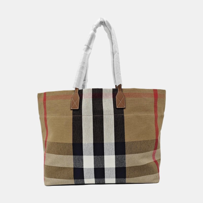 BURBERRY托特包米色織物戰馬格紋單肩包手提包 9.9新-4