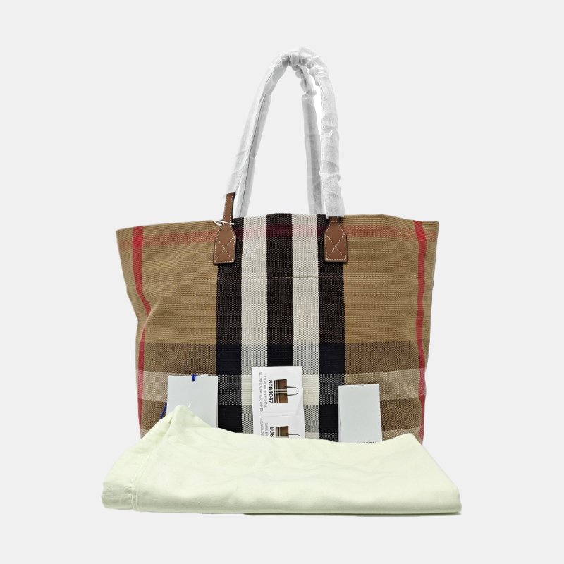BURBERRY托特包米色織物戰馬格紋單肩包手提包 9.9新-7