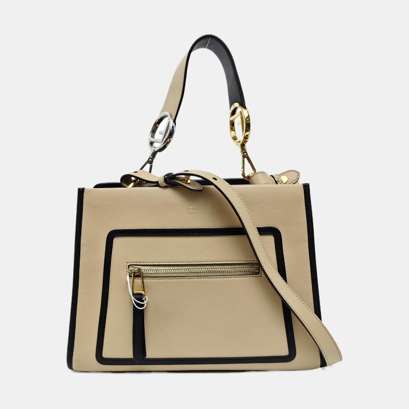 FENDI Runaway卡其色牛皮單肩包手提包斜挎包金色銀色五金2條可拆卸肩帶-7