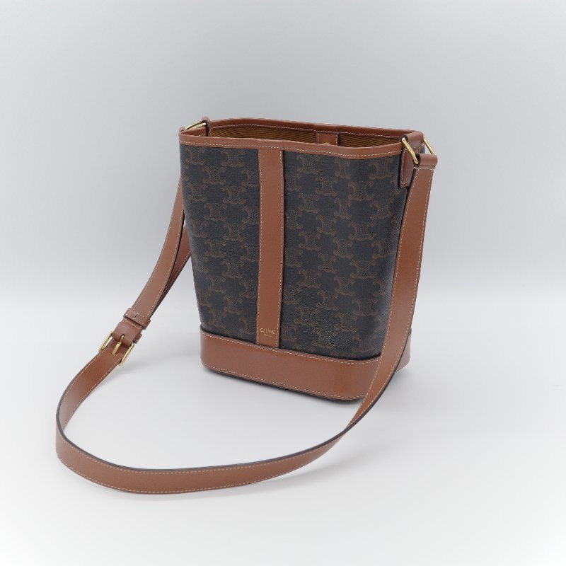 Celine 思琳 Bucket Small 經典凱旋門老花 帆布 小牛皮 水桶包 肩背包-2