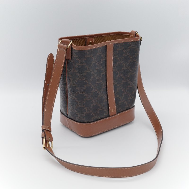 Celine 思琳 Bucket Small 經典凱旋門老花 帆布 小牛皮 水桶包 肩背包-3