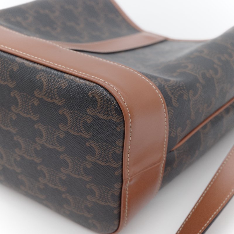 Celine 思琳 Bucket Small 經典凱旋門老花 帆布 小牛皮 水桶包 肩背包-10