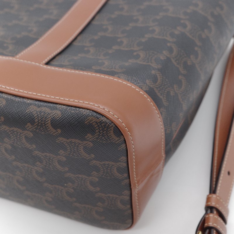 Celine 思琳 Bucket Small 經典凱旋門老花 帆布 小牛皮 水桶包 肩背包-11