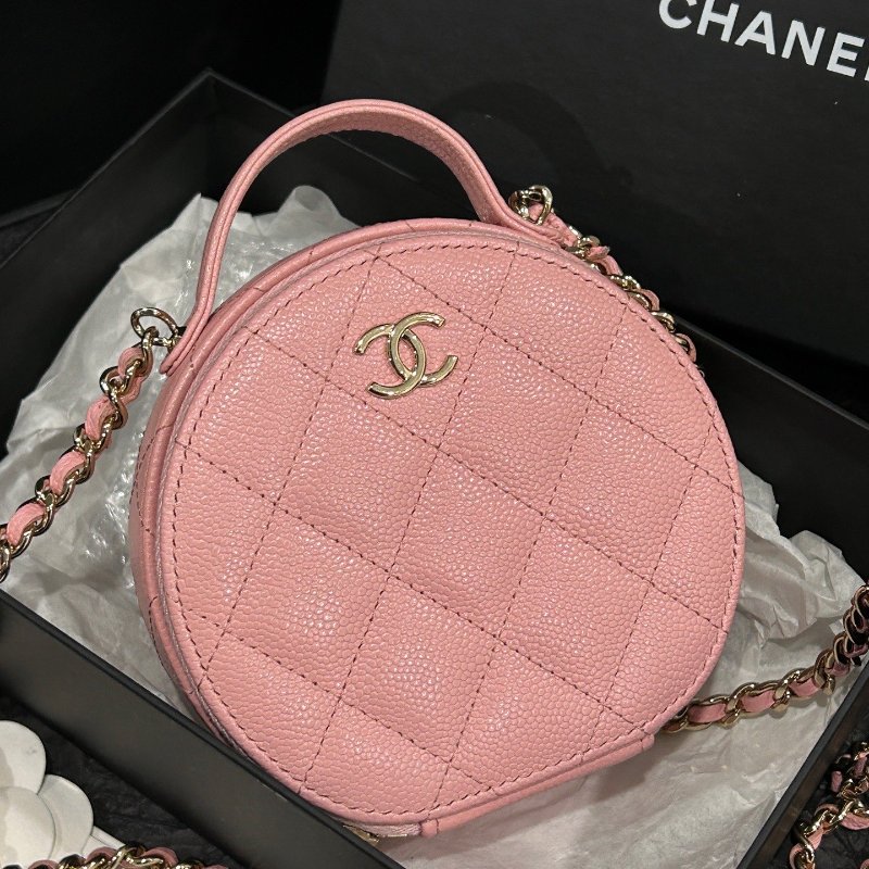 香奈兒/Chanel 粉色牛皮淺金扣手柄小圓餅鏈條斜背包-0