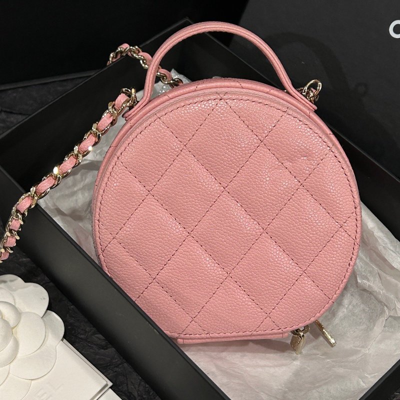 香奈兒/Chanel 粉色牛皮淺金扣手柄小圓餅鏈條斜背包-6