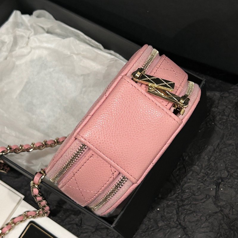 香奈兒/Chanel 粉色牛皮淺金扣手柄小圓餅鏈條斜背包-7