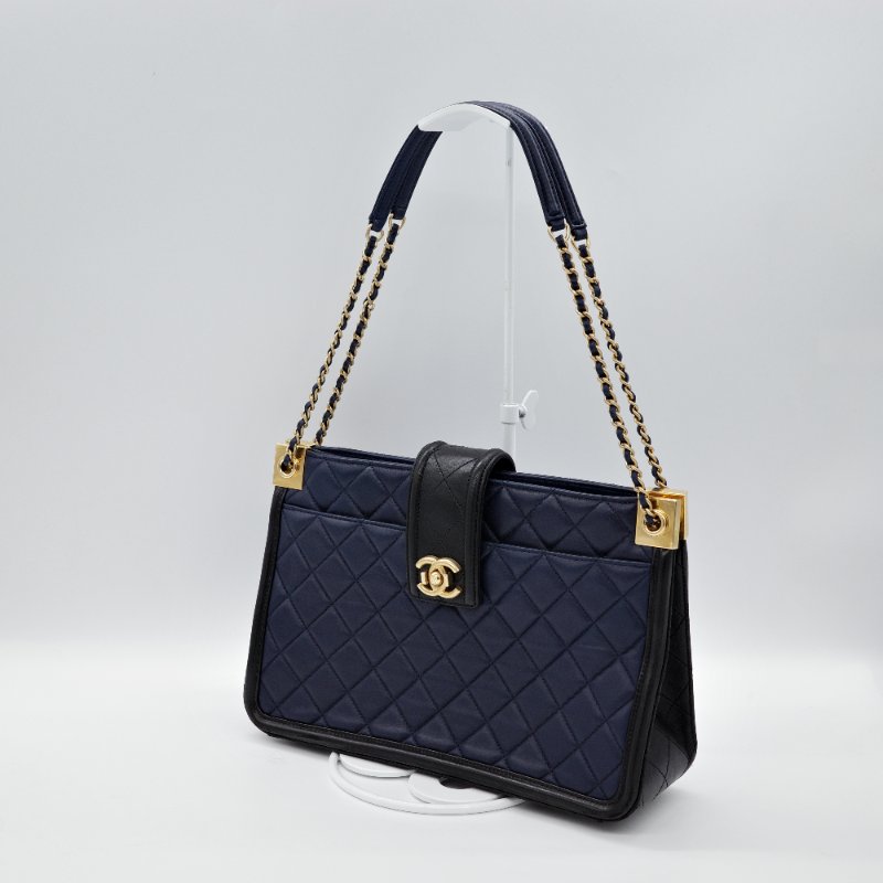 Chanel 香奈兒  Elegant CC 深藍色羊皮 菱格紋 托特包 肩背包-1