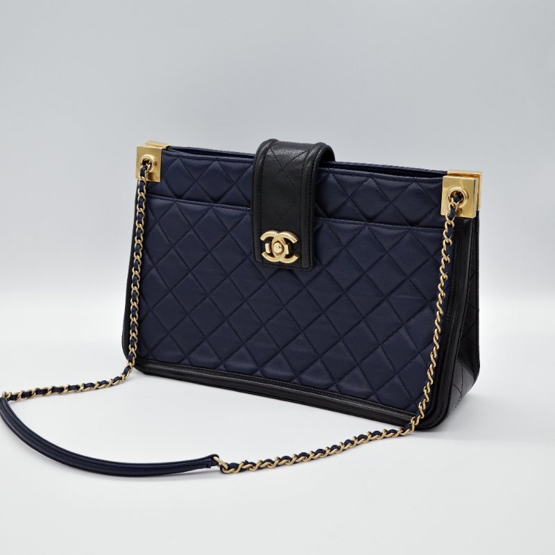 Chanel 香奈兒  Elegant CC 深藍色羊皮 菱格紋 托特包 肩背包-4