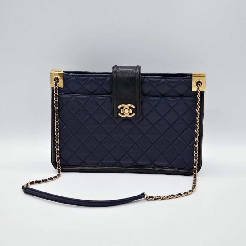 Chanel 香奈兒  Elegant CC 深藍色羊皮 菱格紋 托特包 肩背包-5